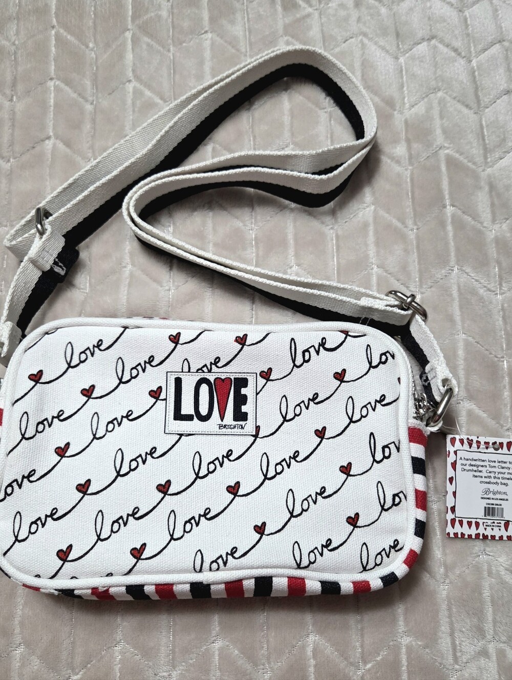 Brighton White LOVE Script Crossbody with Red Heart Accents